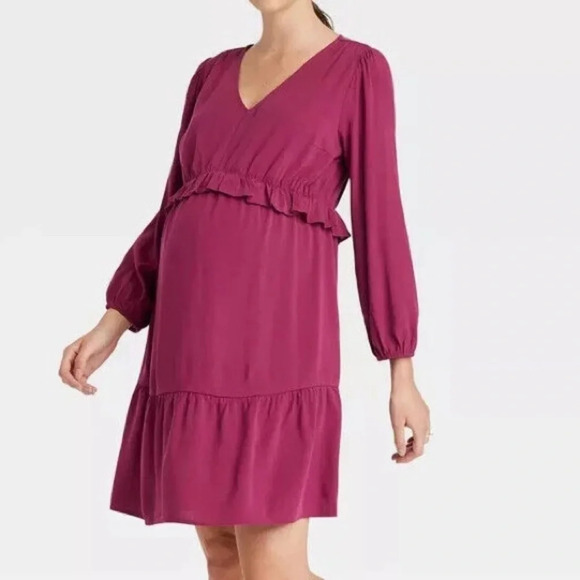 Isabel Maternity Long  Sleeve Ruffle Waist Dress - Picture 1 of 6